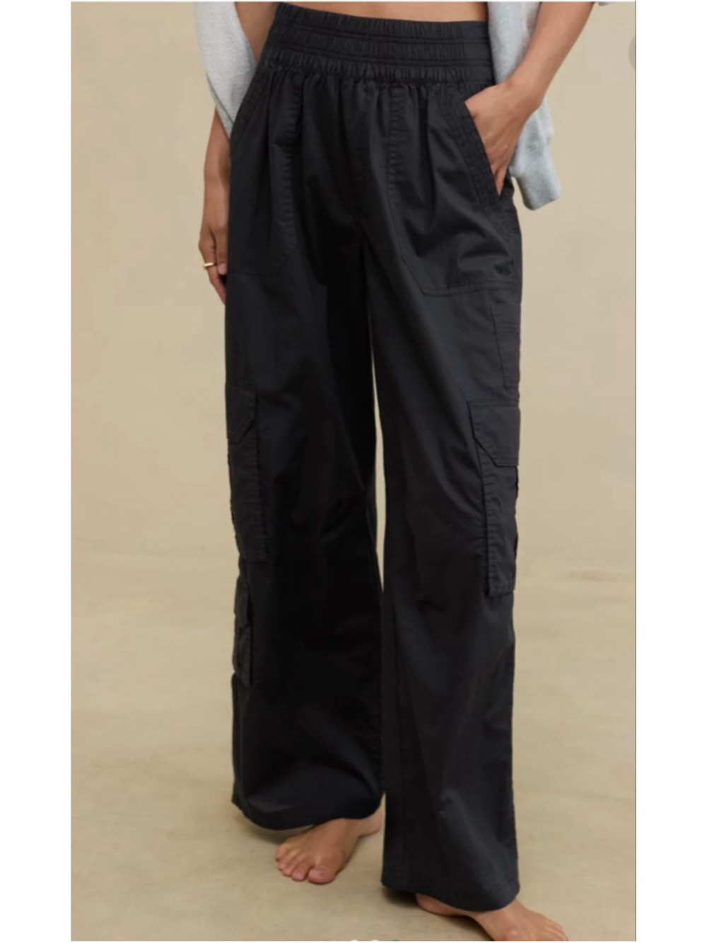 Aerie Easiest Cargo Pant Black Wide Leg Pull On Pockets Elastic Grunge Sz Small